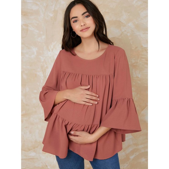 MATERNITY Bell Sleeve Smock Top long sleeve boho rusty orange - Picture 3 of 5